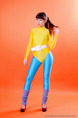 bondage modeling in leotard, tights and heels