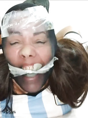 Gagged Woman Hogtied Pantyhose Encasement - Selfgags