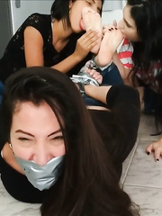 Angry MILF Gets Lesbian Foot Worship In Bondage