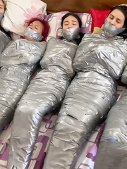 5 Mummified Girls Barefoot In Duct Tape Bondage