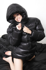 posing in down jacket