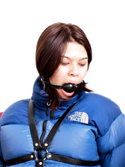gagged in north face down jacket bondage