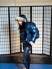 ballgagged in moncler down jacket
