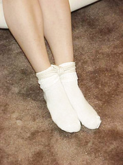 Angie frogtied on print dress and white socks
