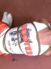 cleave gagged hooters girl hogtied in socks