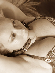 Blonde tied down and ballgagged Louise
