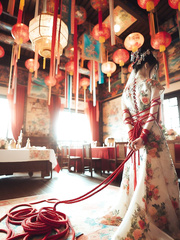 Chinese traditional wedding dress girl rope tied up