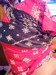 bandana gagged, blindfolded and silk scarf babushka